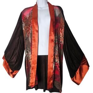 Chico's Travelers Kimono Jacket Size 0(S/M) Brown&Orange Mixed Print Made in USA